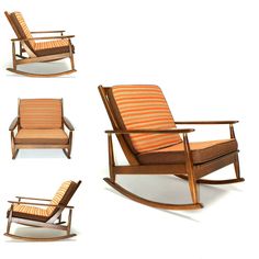 four different types of rocking chairs with orange and brown stripes on the seat, back, and armrests