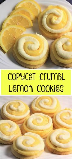 some lemon cookies on a white plate with the words copycat crumbl lemon cookies