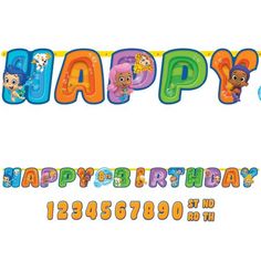 an image of happy birthday banner with bubble bobble and bubbles on the letters, including numbers