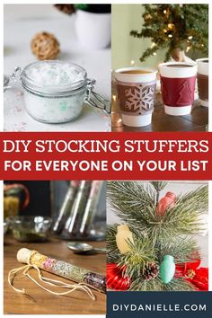 christmas stocking stuff and other items on a table with text overlay that reads diy stocking stuff for everyone on your list