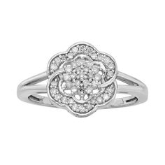 Sparkling round-cut diamonds and a flower design give this ring an elegant look. Ring Details:Width: .65 in. Metal: rhodium-plated sterling silverDiamond Details:Total weight: 1/4 ct.Cut: roundSetting: prongClarity: I2-I3Image(s) may be enlarged to show detail.Diamond weights are approximate. Diamond total weights may vary between .01 and .08 ct. Some diamonds have fewer than 17 facets.Gemstones may have been treated to enhance their appearance. Special care may be required. Please visit our Gem Diamond Flower Ring, Right Hand Rings, Diamond Flower, Flower Ring, Silver Diamonds, Round Cut Diamond, Womens Jewelry Rings, Rings Statement, A Flower