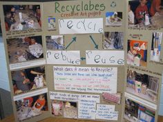 a bulletin board with pictures and words on it that say recyclables