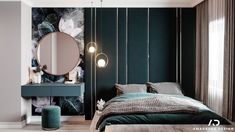 a bedroom with green walls and a large mirror on the wall