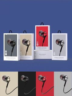 an image of earphones in different colors and sizes with packaging on the bottom side