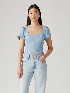 Say hello to the sweetest top in your wardrobe. Our Ophelia Short-Sleeve Denim Corset features a sweetheart neckline, a cropped slim fit and corset detailing. A sweet denim top Cut with a cropped slim fit Finished with corset bone detailing Short Sleeve Denim, Ribcage Jeans, Denim Corset, Relaxed Jeans, Chino Jeans, Loose Jeans, Tapered Jeans, Short Shirts, Outerwear Sweater