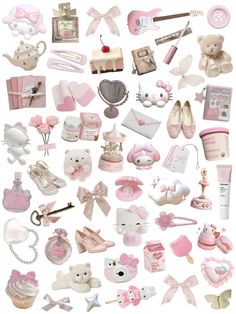 a collection of pink and white items are arranged in the shape of a collage