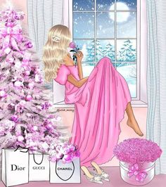 a woman sitting in front of a window next to a pink christmas tree and presents