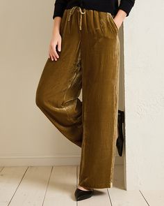 Comfort and luxury. Our silk-blend velvet offers liquid-like luster and softness in easy pull-on pants. Make a statement with your fave special-occasion top and accessories.  Exclusive. Elastic waist with drawcord.  Front slash pockets.  Single back welt pocket.  Wide leg. Wide Leg Velvet Pants, Holiday Pants, Retro Cardigans, Shop Pants, Oversized Turtleneck Sweater, Cords Pants, Cashmere Wrap, Garnet Hill, Cashmere Turtleneck