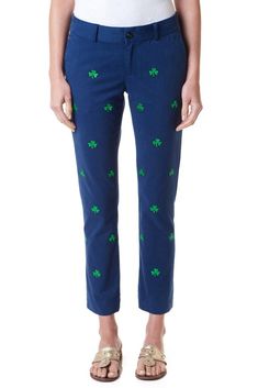 Ladies Ankle Capri Atlantic Navy Embroidered with Green Shamrocks – Castaway Nantucket Island Coastal Clothing, Holiday Pants, Preppy Clothing, Passed The Test, Nantucket Island, Seersucker Shirt, Embroidered Christmas, Embroidered Pants, Classic Preppy