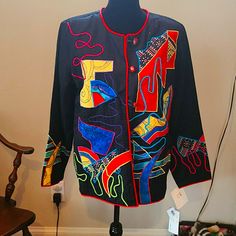 Black Artisan Jacket With Red Piping Artistic Black Long Sleeve Outerwear, Artistic Black Outerwear For Fall, Artistic Long Sleeve Fall Outerwear, Artistic Long Sleeve Outerwear For Fall, Artistic Multicolor Long Sleeve Outerwear, Artistic Fitted Long Sleeve Outerwear, Polka Dot Jacket, Leopard Blazer, Gucci Jacket