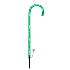 a green umbrella with black handle on a white background in the shape of a cane