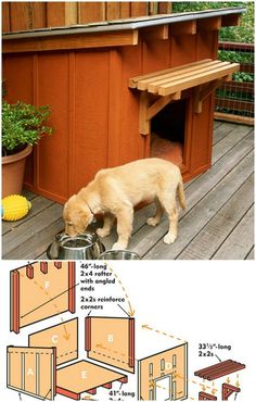 an image of a dog eating out of his kennel with instructions to build it