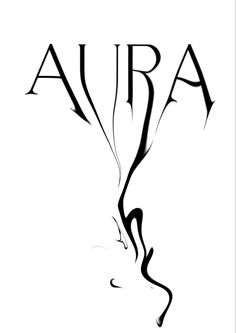 the word aura written in black ink on a white background with an image of a woman's face