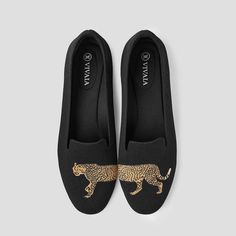 Audrey Round-Toe Patterned Loafers for Bunions in Black-Cheetah | VIVAIA Best Shoes For Travel, Embroidered Loafers, Comfortable Pillows, Recycled Cardboard, Soft Shoes, Pointed Heels, Tory Burch Flats, Head Band, Perfect Shoes