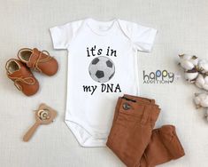 It's In My DNA Soccer Onesie, Cute Soccer Onesie for Baby, Soccer Shirt for Toddler, Sports Themed Baby Shower Gift, Futbol, Long Sleeve Soft Baby Clothes, Village Kids, Sports Baby Shower Theme, Soccer Baby, Toddler Sports, Baby L, Soccer Funny, Expecting Parents, Soccer Shirt