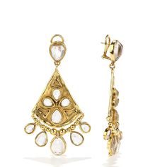 100% 24k gold-plated brass, natural rock crystal Dimensions: 3.3" height x 0.2" depth x 2.0" width Cabochon dimensions: 0.5" x 0.4" Post for pierced ears Avoid water and humidity. Store in pouch provided Made in Thailand | Goossens Cachemire Drop Earrings in Gold Designer Gold Earrings With 17 Jewels, Luxury Gold Pierced Chandelier Earrings, Elegant Gold Chandelier Earrings With Rose Cut Diamonds, Designer Gold-tone Brass Jewelry, Designer Gold Brass Jewelry, Luxury Gold Chandelier Earrings For Celebration, Luxury Gold Teardrop Bridal Earrings, Gold Long Drop Bridal Earrings, Gold Long Drop Bridal Earrings For Formal Occasion