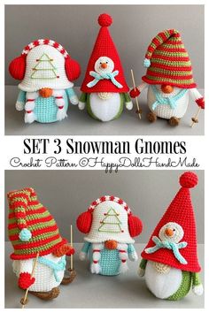 crocheted snowman gnomes are shown in three different styles and sizes, each with