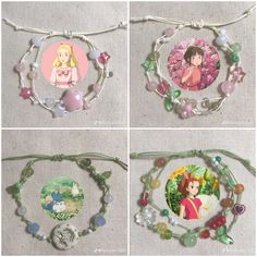 four different pictures of necklaces with cartoon characters on them and beads hanging from the strings