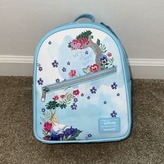 Brand New With Tags Smoke Free Pet Free Home Blue Backpack For Spring, Blue Backpack For Daily Use In Spring, Blue Spring Backpack, Blue Standard Backpack For Spring, Loungefly Disney Backpack, Alice In Wonderland Watercolor, Disney Backpack, Garden Mini, Loungefly Disney