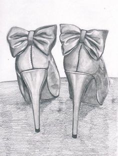 a pencil drawing of two high heeled shoes with bows