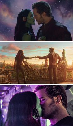 the avengers movie scene is shown in three different frames, with one being kissed by another