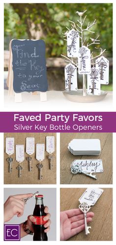 a collage of different items that include wine bottle openers and silver key bottles