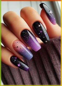 \ Cosmic Nail Designs, Galaxy Nail Designs, Universe Nails, Nails Galaxy, Cosmic Nails, Galaxy Nail, Galaxy Nail Art, Unghie Sfumate, Witchy Nails