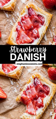 strawberry danish with cream cheese on top and strawberries in the middle, ready to be eaten