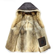 This nylon bomber features the add of a detachable real Coyote fur on the lapel that can be swapped for a hoodie. The hexagonal logo is sewn at left chest. Zipper fastening. Two slit pockets. Woven ribbed collar, cuffs and bottom hem. Inner Coyote fur lining.[custom tab]SHELL #1: 100% POLYESTER | SHELL #2: 100% LAMB LEATHER | LINING #1: 100% POLYESTER | RIB KNIT #1: 50% WOOL 45% ACRYLIC 5% ELASTANE | FILLING #1: 100% POLYESTER | TRIMMING #1: 100% COYOTE LAGOPUS [/custom tab] Winter Parka Men, Fur Coat Men, Men Winter Jacket, Mens Fur, Real Fur Coat, Parka Style, Hooded Jacket Men, Long Coats, Mens Thermals