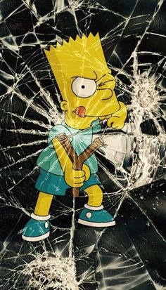 a cartoon character holding a guitar in front of a cracked glass window that has been smashed