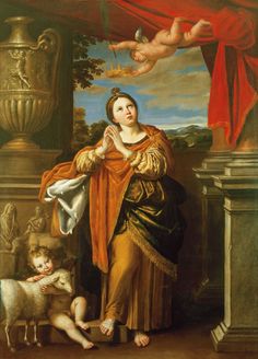 a painting of a woman holding a baby and standing next to a dog, with an angel above her