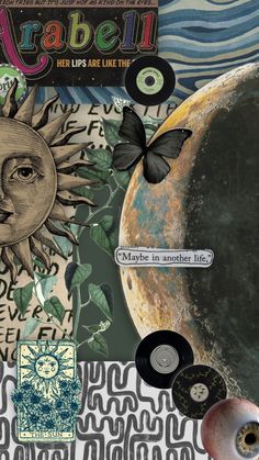 an artistic collage with sun, moon and other things on it's side