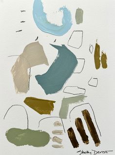 an abstract painting with brown, blue and green colors on white paper by artist sheryl davis