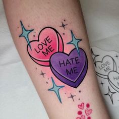 Cute Cupcake Tattoo, Halloween Candy Hearts Tattoo, Traditional Candy Heart Tattoo, Sweetheart Candy Tattoo, Conversation Heart Tattoo, Candy Hearts Tattoo, Kawaii Tattoo Sleeve, Cutesy Tattoos