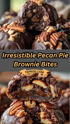 chocolate pecan pie brownie bites are stacked on top of each other with pecans in the middle