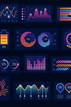 a set of neon colored info graphics on dark background with different graphs and symbols illustration