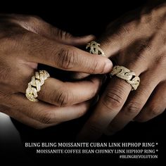 two hands holding gold rings with the words, bling bling moussante cuban link hip ring