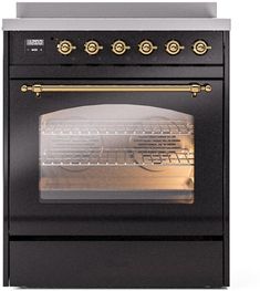 a black oven with gold trim and two burners on the front, is shown