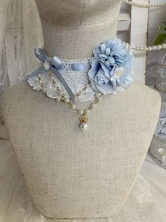 This price is for a choker only, others are not included. Lolita Accessories:Choker / Floral Design Cheap Blue Elegant Choker, Prince Outfits Aesthetic, Maddie Hatter, Decora Accessories, Collar Ideas, White Lace Choker, Prince Clothes, Blue Choker, Ribbon Choker