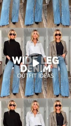 Wide Leg Jeans With Heels Outfits, Wide Jeans Styling, Wide Leg Jeans Dressed Up, Outfit Ideas With Jeans Casual, Classy Wide Leg Jeans Outfit, Wide Leg Crop Jeans Outfit 2024, Wide Leg Jeans With Blazer Outfit, Wide Leg Jean Office Outfit, Blue Jean Work Outfits Women