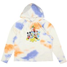 Embrace nostalgic Disney charm with this Retro Mickey and Friends Women's Tie-Dye Cropped Lightweight Long Sleeve Hooded Shirt. This off-white hoodie, accented with orange and purple tie-dye, features a vibrant front-center graphic of Mickey Mouse, Minnie Mouse, Donald Duck, Daisy Duck, Goofy, and Pluto. Made from a blend of 54% cotton, 41% polyester, and 5% elastane, it offers a comfortable and stylish fit. great for Disney parks adventures, this lightweight, long-sleeved hoodie is both fun and Mickey Tie Dye, Cute Hooded Mickey Mouse Top, Tie Die Disney Shirt, Multicolor Cotton T-shirt For Disney Trips, Disney Multicolor Mickey Mouse T-shirt, Off White Hoodie, Disney Hoodies, White Graphic Tee, Purple Tie Dye