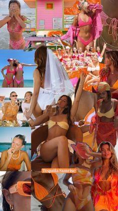 the collage shows several women in bikinis and bathing suits