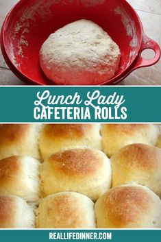 some bread rolls are in a red bowl and one is on top of the other