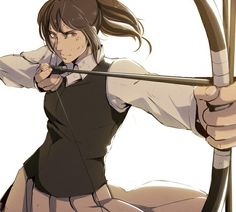 an anime character holding a bow and aiming it at the camera with her right hand