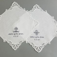 Personalized Wedding Handkerchiefs for the Mothers of the Bride and Mother of Groom hankies. Adorned with gorgeous lace detail on all four corners. Meticulously embroidered and personalized with their monogram, title and date. A true one of kind gift for that special day to be treasured always. This listing is for ONE impeccably embroidered linen handkerchief. Handkerchief Details: * Handmade wedding handkerchief * Embellished with elegant lace on all four corners * Measures 11 x 11 inches squar Elegant Embroidered Handkerchiefs For Bridal Shower, Wedding Handkerchiefs With Machine Embroidery, Wedding Cotton Handkerchief With Machine Embroidery, Elegant Embroidered Handkerchiefs For Wedding Gift, Embroidered Wedding Hankerchief, Personalized Handkerchiefs For Bridesmaids, Mother's Day Gift, White Embroidered Text Handkerchief Wedding Gift, Wedding Hankerchief, Embroidered Hankies