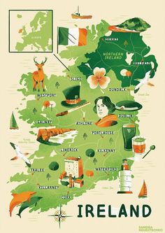 an illustrated map of ireland with all the major attractions