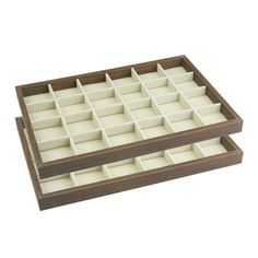 two wooden trays with dividers and compartments on each side, one is empty