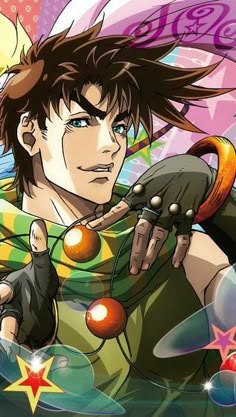 an anime character with long black hair and green shirt holding a red ball in his hand