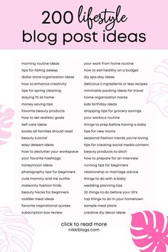 a pink and white poster with the words 20 lifestye blog post ideas on it