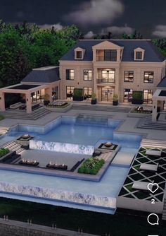 this is an artist's rendering of a large house with a pool in the front yard